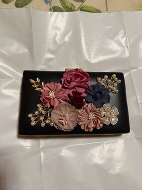 Black Floral Appliqué Evening Clutch with Pink & Navy Flowers